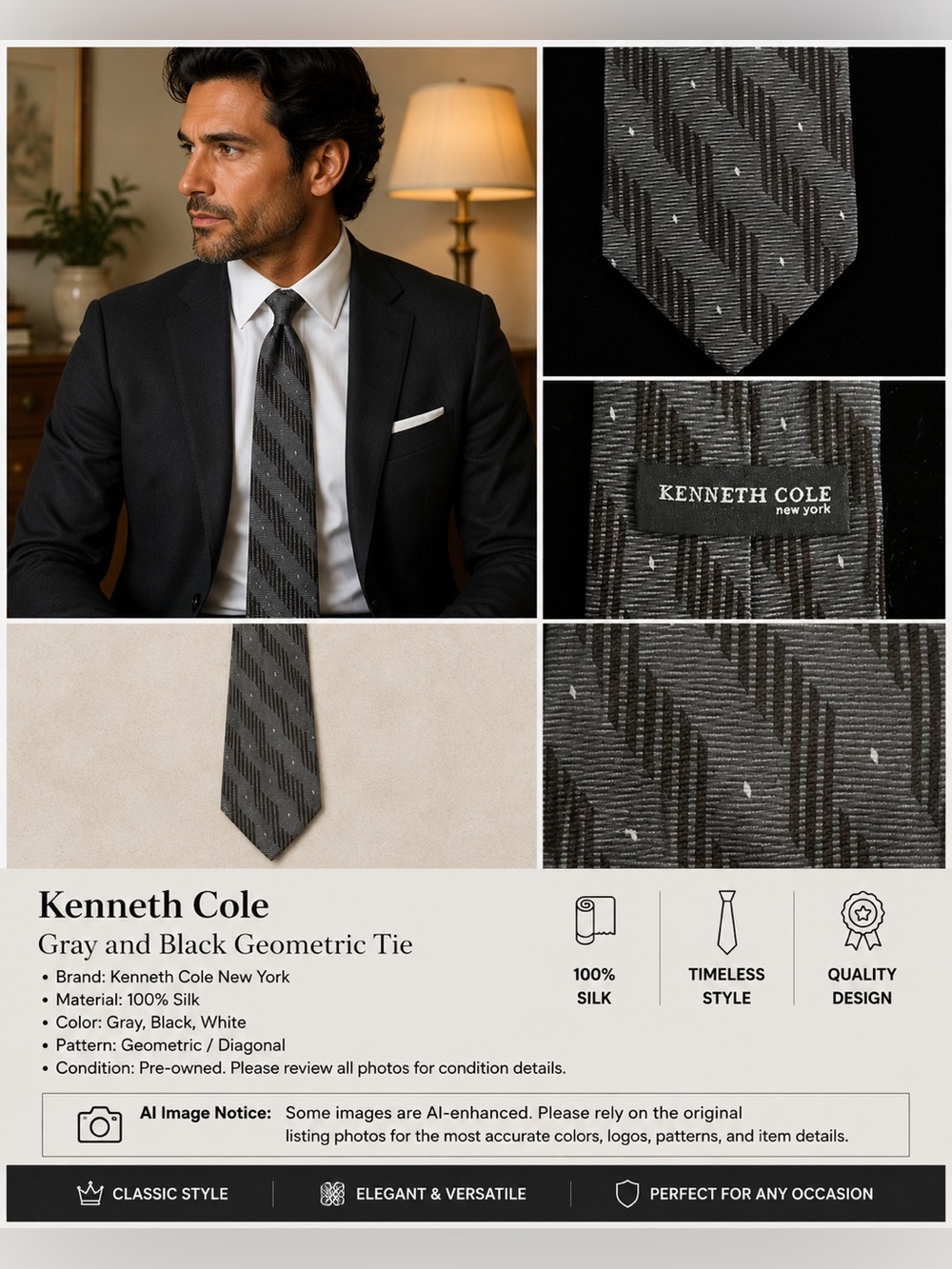 Kenneth Cole Gray and Black Geometric Tie